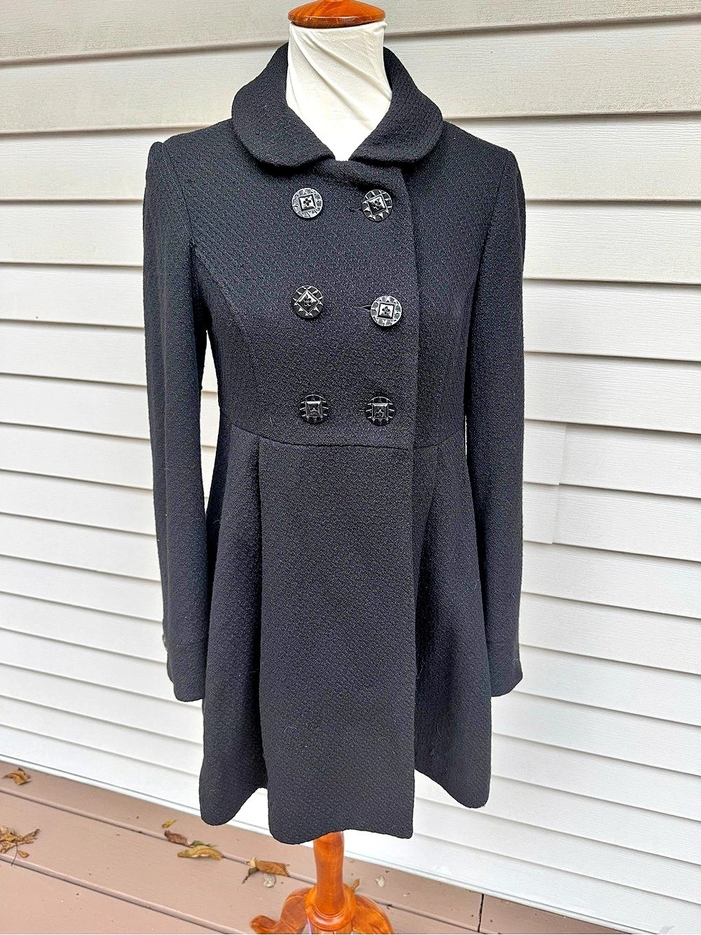Wool Pea Coat in Black & White graphic printed lining